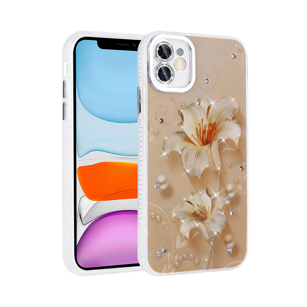 Apple iPhone 11 Kılıf Çiçek Desenli Parlak Taşlı Sert Silikon  Garden Kapak