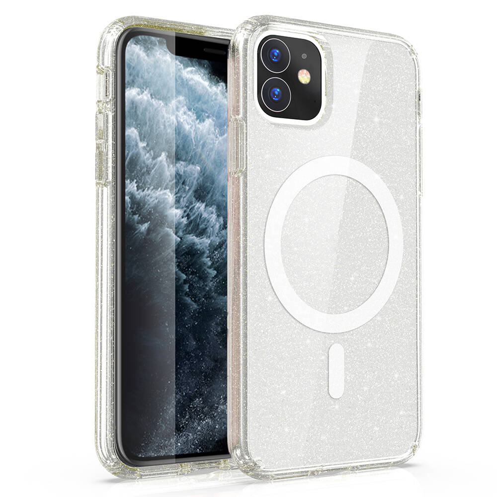 Apple iPhone 11 Kılıf M-safe Şarj Özellikli Parlayan Simli Saydam Renkli Allstar Kapak