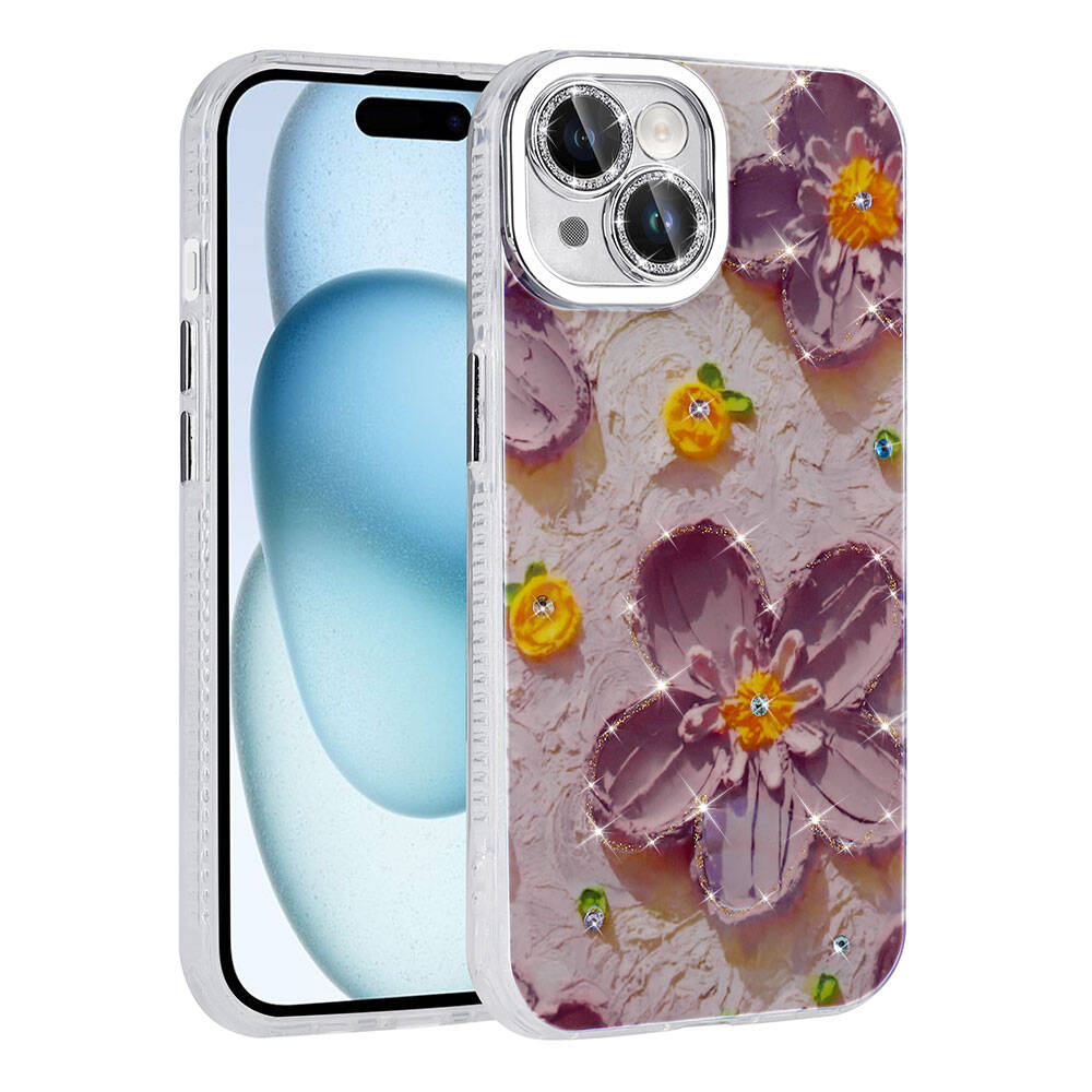 Apple iPhone 14 Kılıf Çiçek Desenli Parlak Taşlı Sert Silikon Garden Kapak
