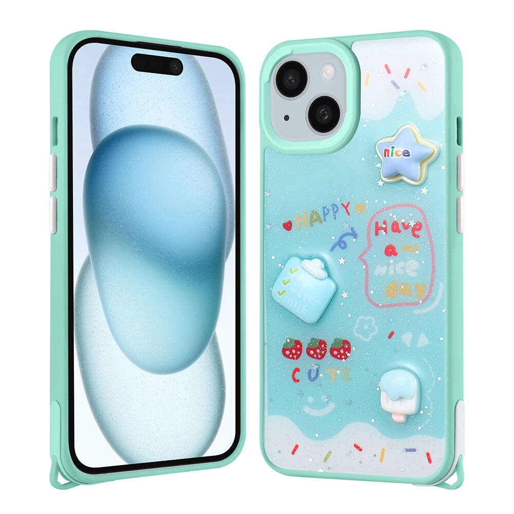 Apple iPhone 14 Kılıf Parlayan Simli Kabartma Figürlü Cevze Kapak