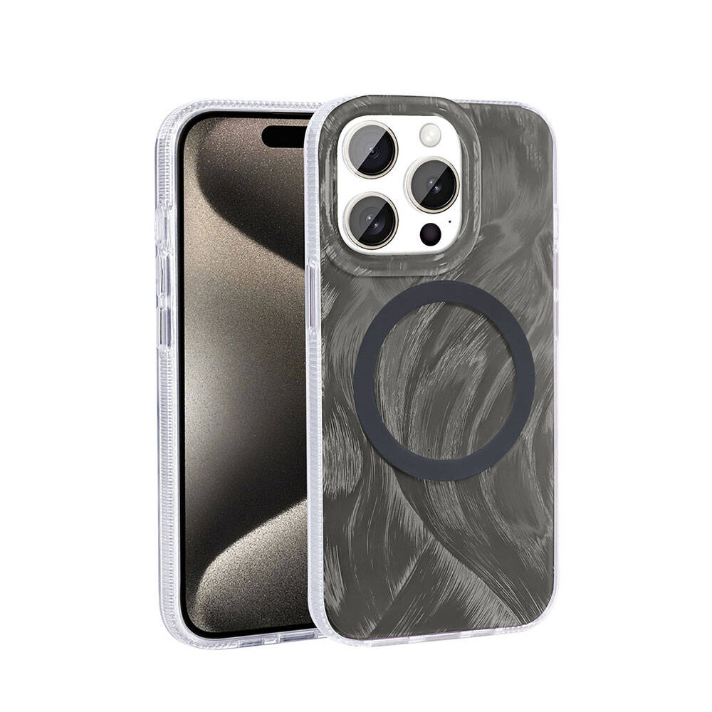 Apple iPhone 15 Pro Kılıf M-safe Şarj Özellikli Fırça Boya Desenli Palet Kapak