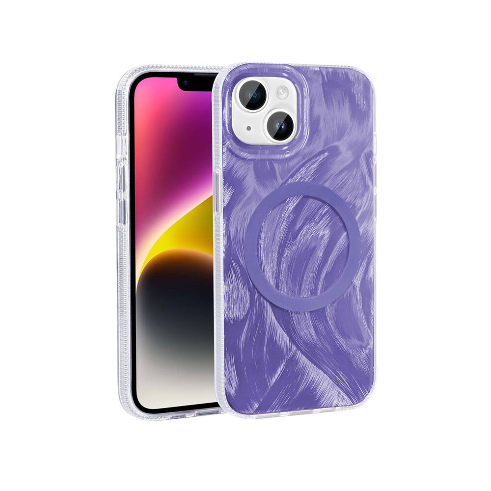 Apple iPhone 15 Kılıf M-safe Şarj Özellikli Fırça Boya Desenli  Palet Kapak