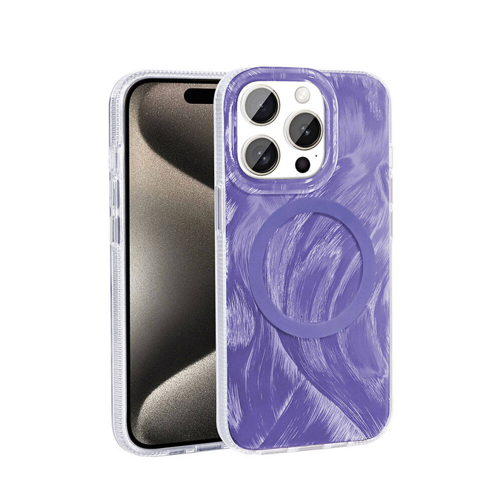Apple iPhone 15 Pro Max Kılıf M-safe Şarj Özellikli Fırça Boya Desenli Palet Kapak