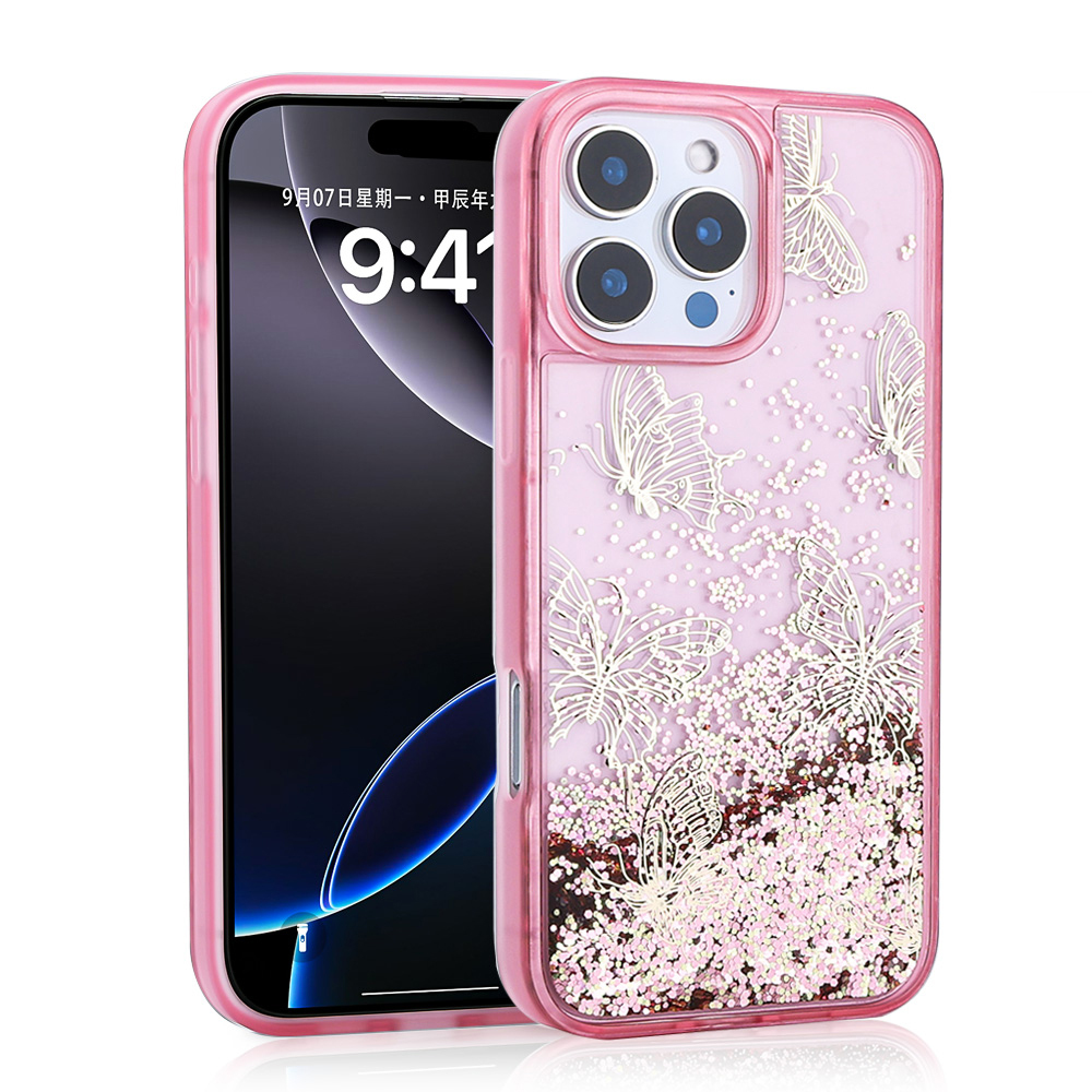 Apple iPhone 16 Pro Max Kılıf Sıvılı Simli Kelebek Baskılı Şeffaf Arka Yüzey Glis Silikon Kapak