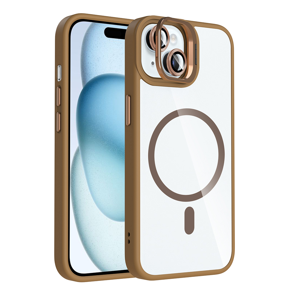 Apple iPhone 15 Kılıf Standlı ve Kamera Lens Hediyeli M-Safe Şarj Özellikli Etro Kapak