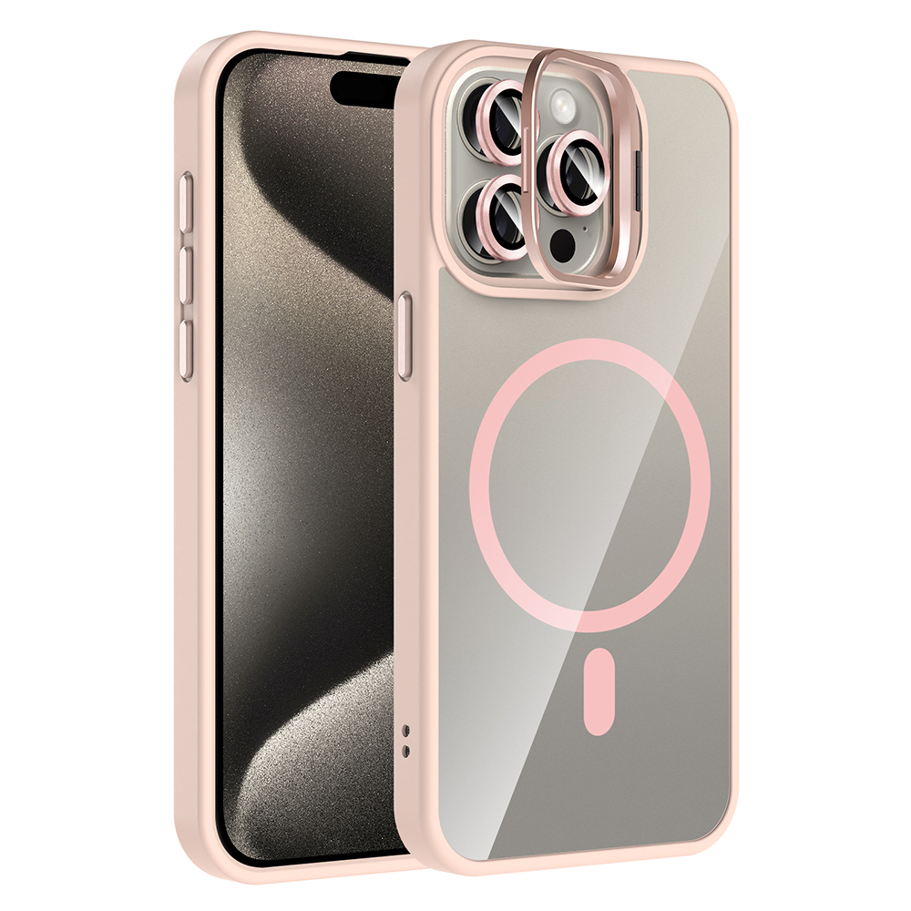 Apple iPhone 15 Pro Kılıf Standlı ve Kamera Lens Hediyeli M-Safe Şarj Özellikli Etro Kapak