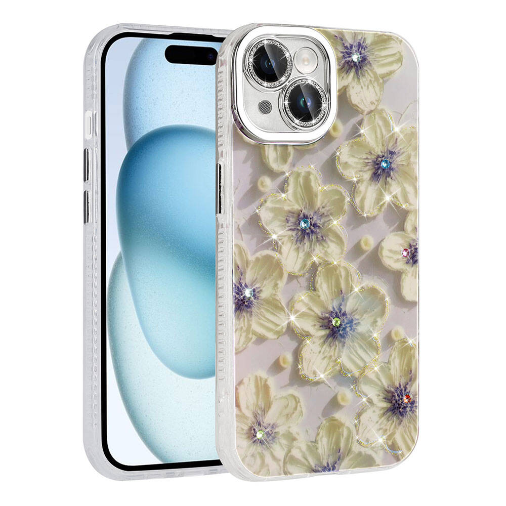 Apple iPhone 15 Kılıf Çiçek Desenli Parlak Taşlı Sert Silikon Garden Kapak