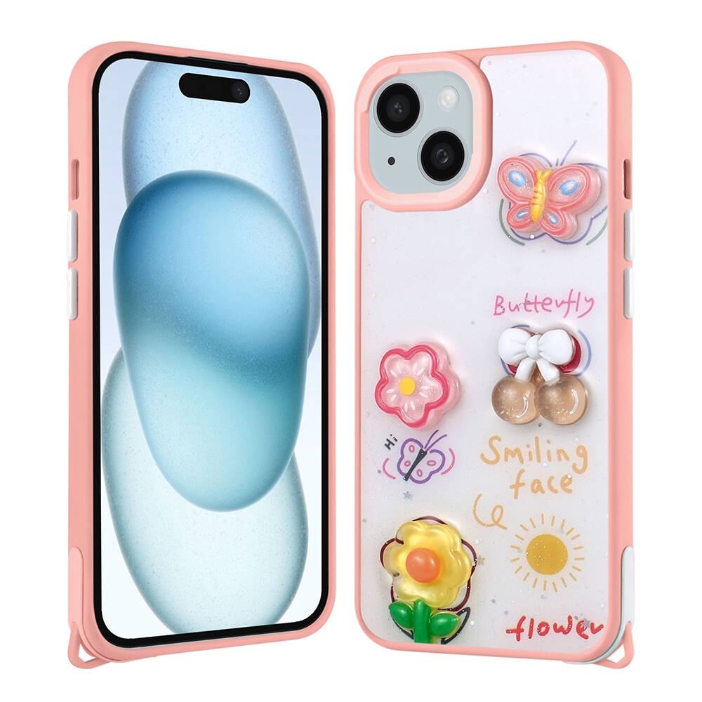 Apple iPhone 13 Kılıf Parlayan Simli Kabartma Figürlü Cevze Kapak