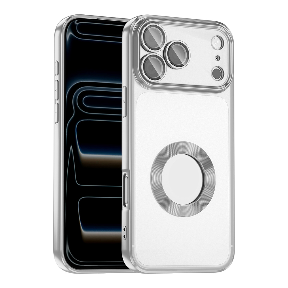 Apple iPhone 17 Pro Kılıf Kamera Korumalı Logo Gösteren Omega Kapak - Gümüş