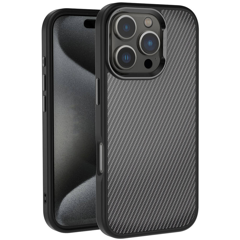 Apple iPhone 16 Pro Max Kılıf Karbon Fiber Görünümlü Parlak Kamera Çerçeveli  Venus Kapak