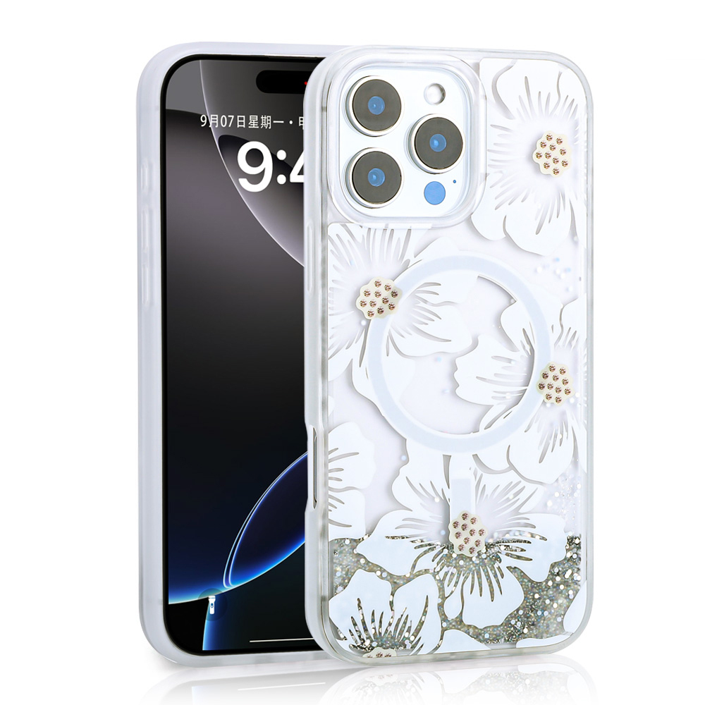 Apple iPhone 16 Pro Kılıf Sıvılı Simli Baskılı Şeffaf Arka Yüzey Mossa Silikon Kapak