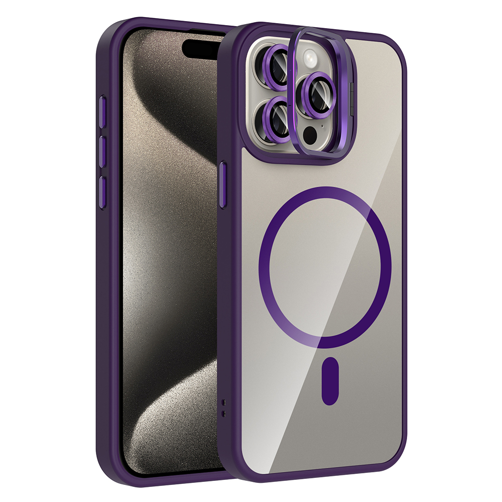Apple iPhone 15 Pro Max Kılıf Standlı ve Kamera Lens Hediyeli M-Safe Şarj Özellikli Etro Kapak