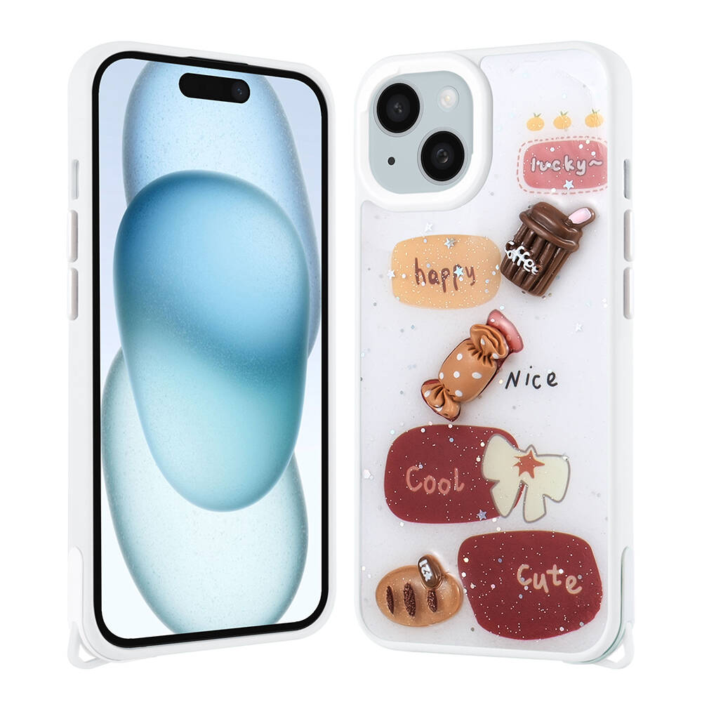 Apple iPhone 14 Plus Kılıf Parlayan Simli Kabartma Figürlü Cevze Kapak