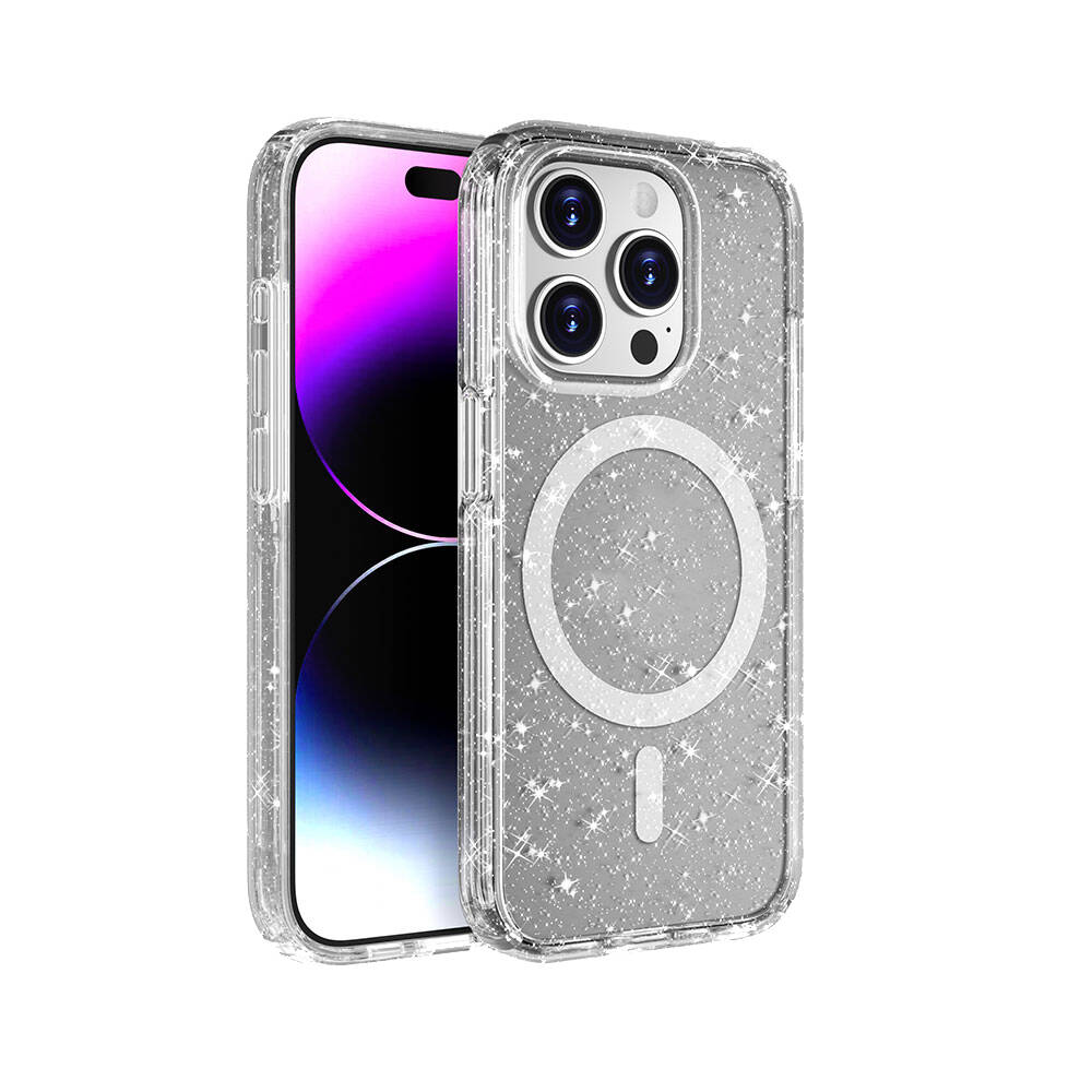 Apple iPhone 15 Pro Max Kılıf M-safe Şarj Özellikli Parlayan Simli Saydam Renkli Allstar Kapak