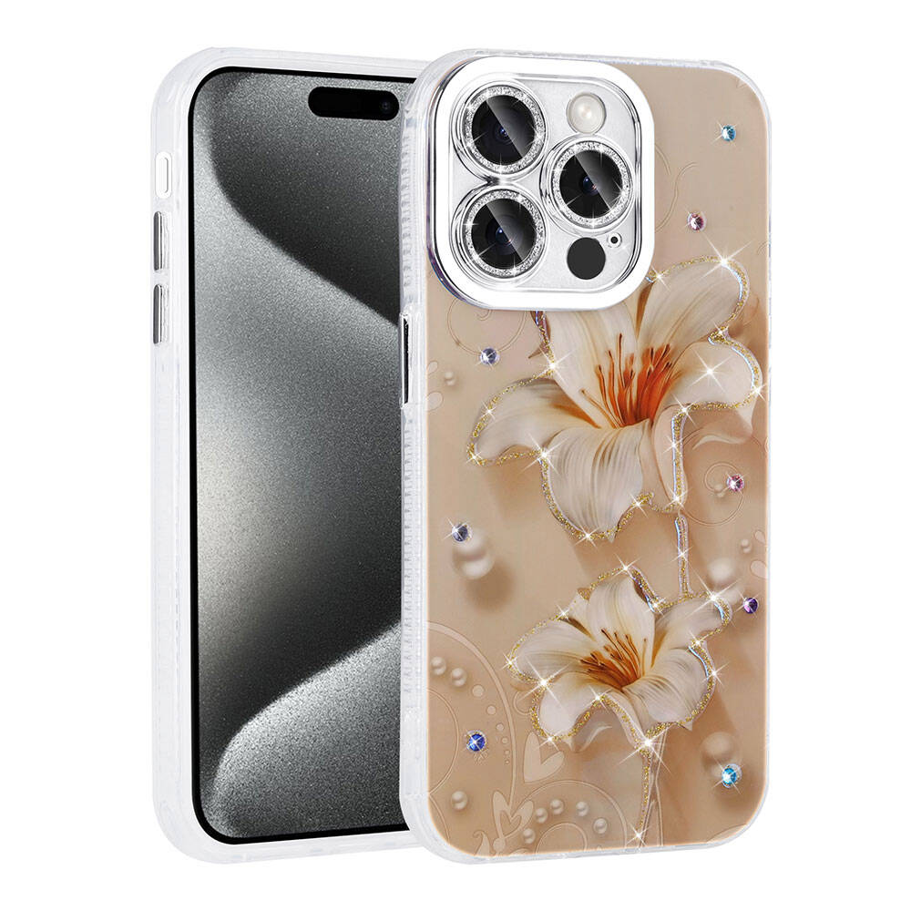 Apple iPhone 15 Pro Max Kılıf Çiçek Desenli Parlak Taşlı Sert Silikon Garden Kapak