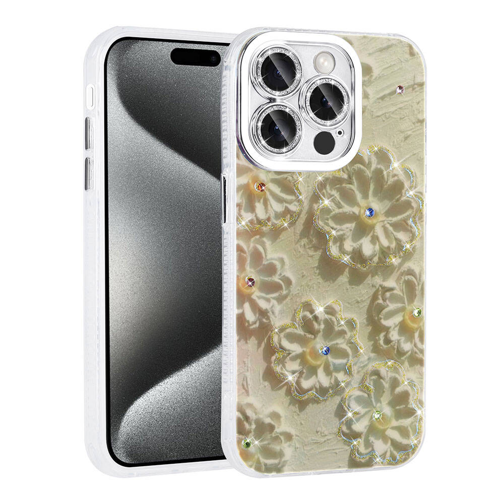 Apple iPhone 15 Pro Kılıf Çiçek Desenli Parlak Taşlı Sert Silikon Garden Kapak