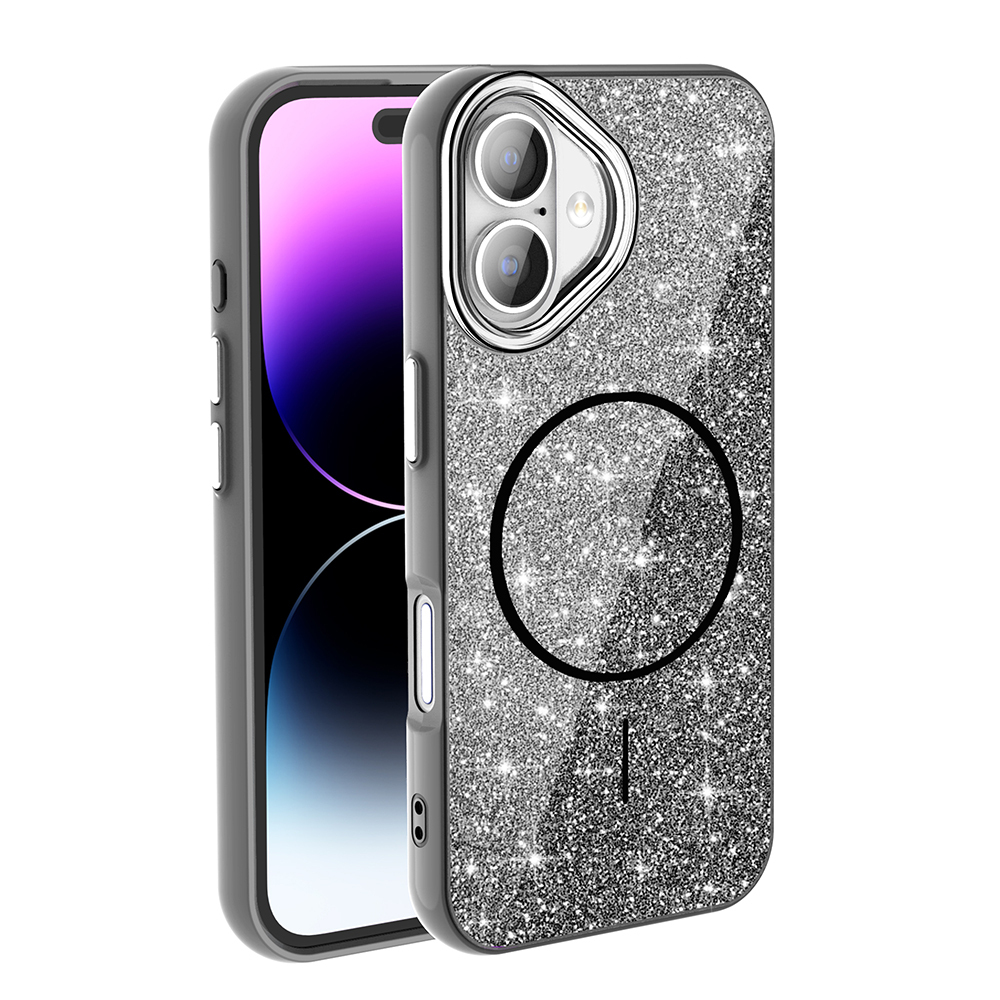 Apple iPhone 17 Kılıf M-safe Şarj Özellikli Parlayan Simli  Okso Kapak