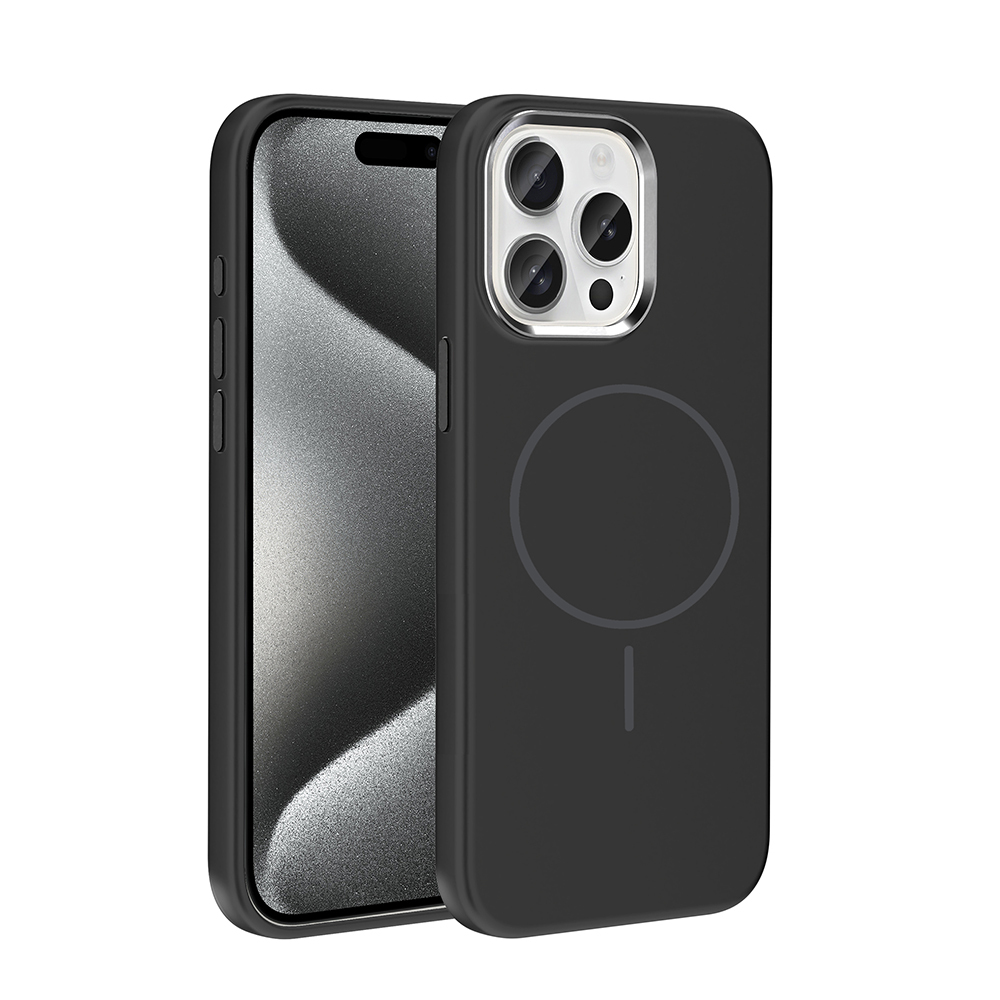 Apple iPhone 15 Pro Max Kılıf M-Safe Şarj Özellikli Metal Kamera Çerçeveli Edi Silikon Kapak - Siyah