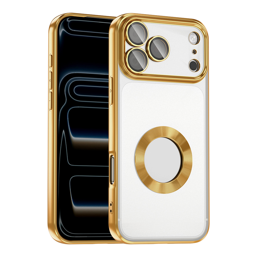 Apple iPhone 17 Pro Kılıf Kamera Korumalı Logo Gösteren Omega Kapak - Gold