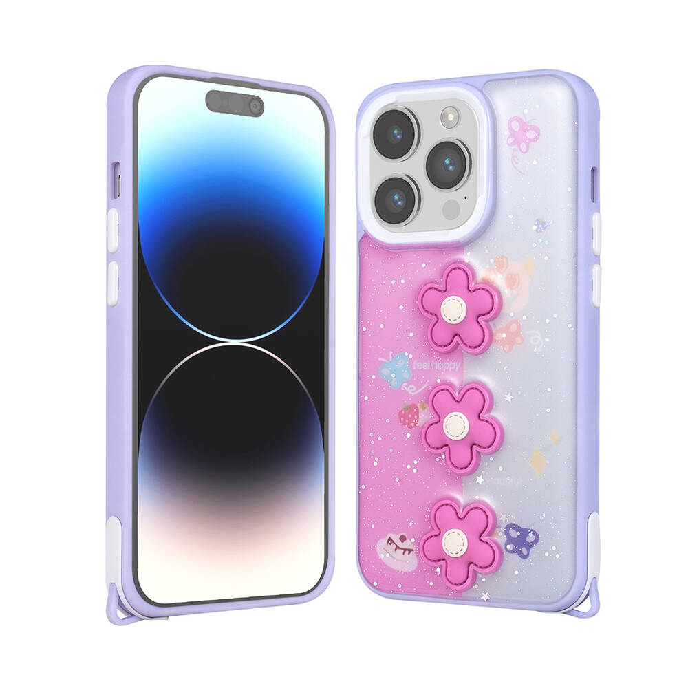 Apple iPhone 14 Pro Max Kılıf Parlayan Simli Kabartma Figürlü  Cevze Kapak