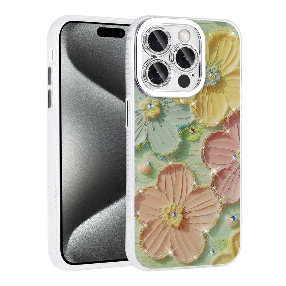 Apple iPhone 14 Pro Max Kılıf Çiçek Desenli Parlak Taşlı Sert Silikon  Garden Kapak