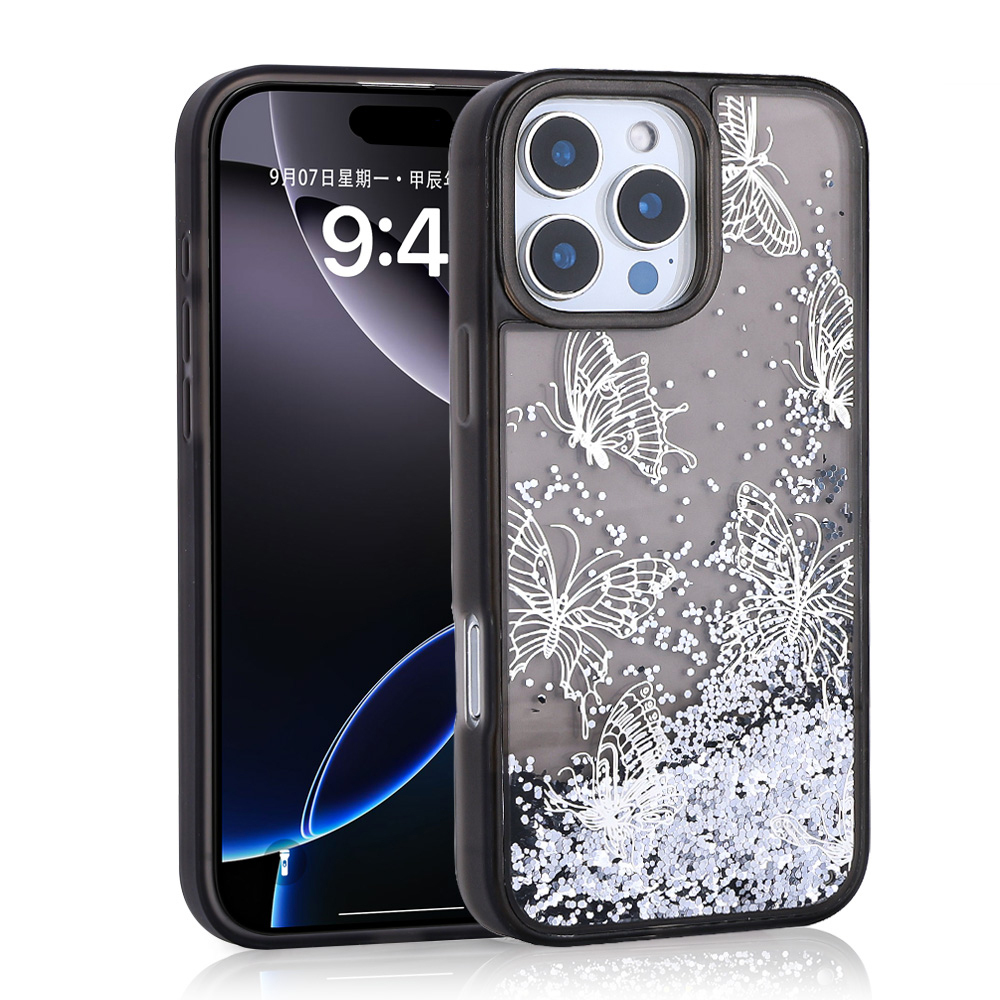 Apple iPhone 14 Pro Max Kılıf Sıvılı Simli Kelebek Baskılı Şeffaf Arka Yüzey Glis Silikon Kapak