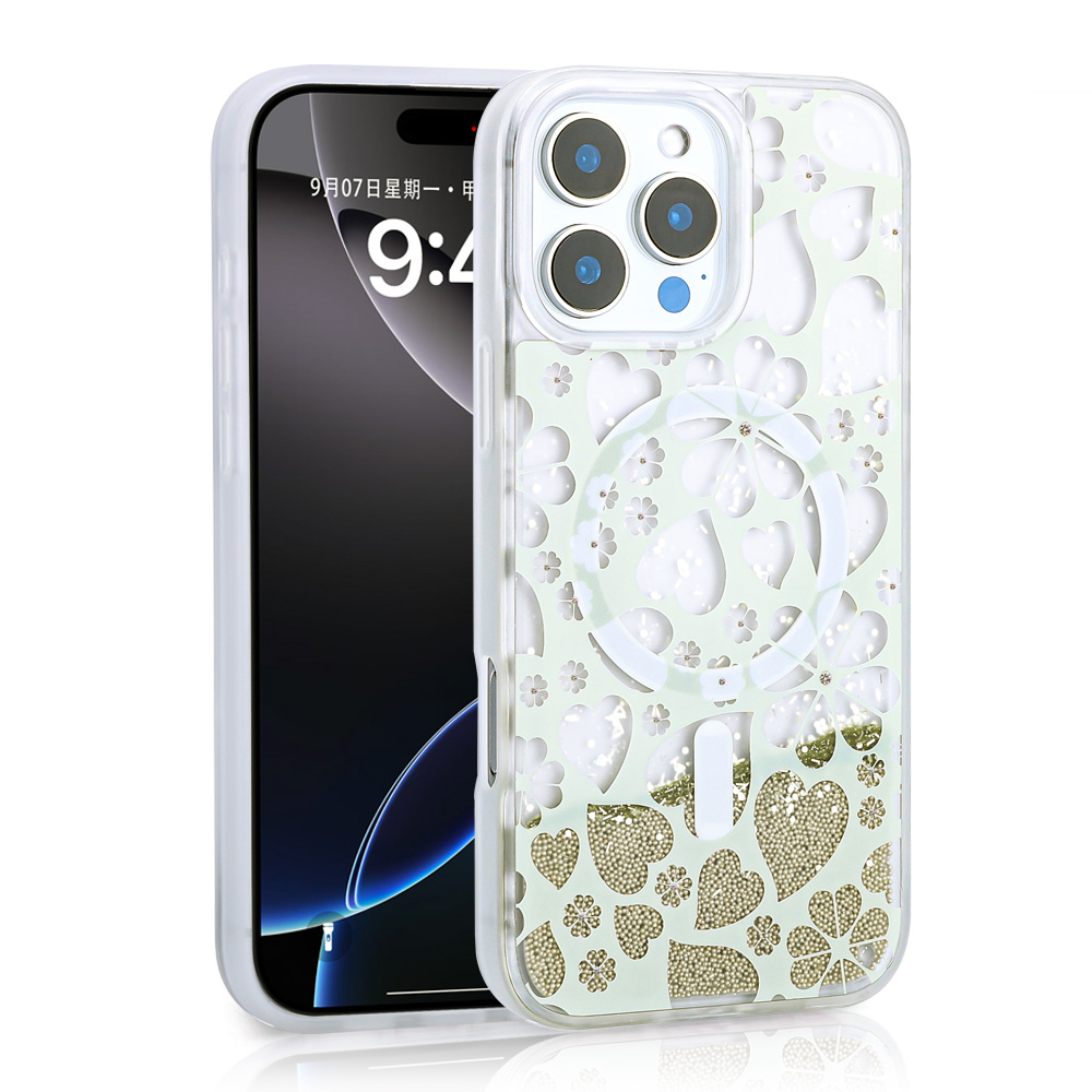 Apple iPhone 15 Pro Max Kılıf Sıvılı Simli Baskılı Şeffaf Arka Yüzey Mossa Silikon Kapak