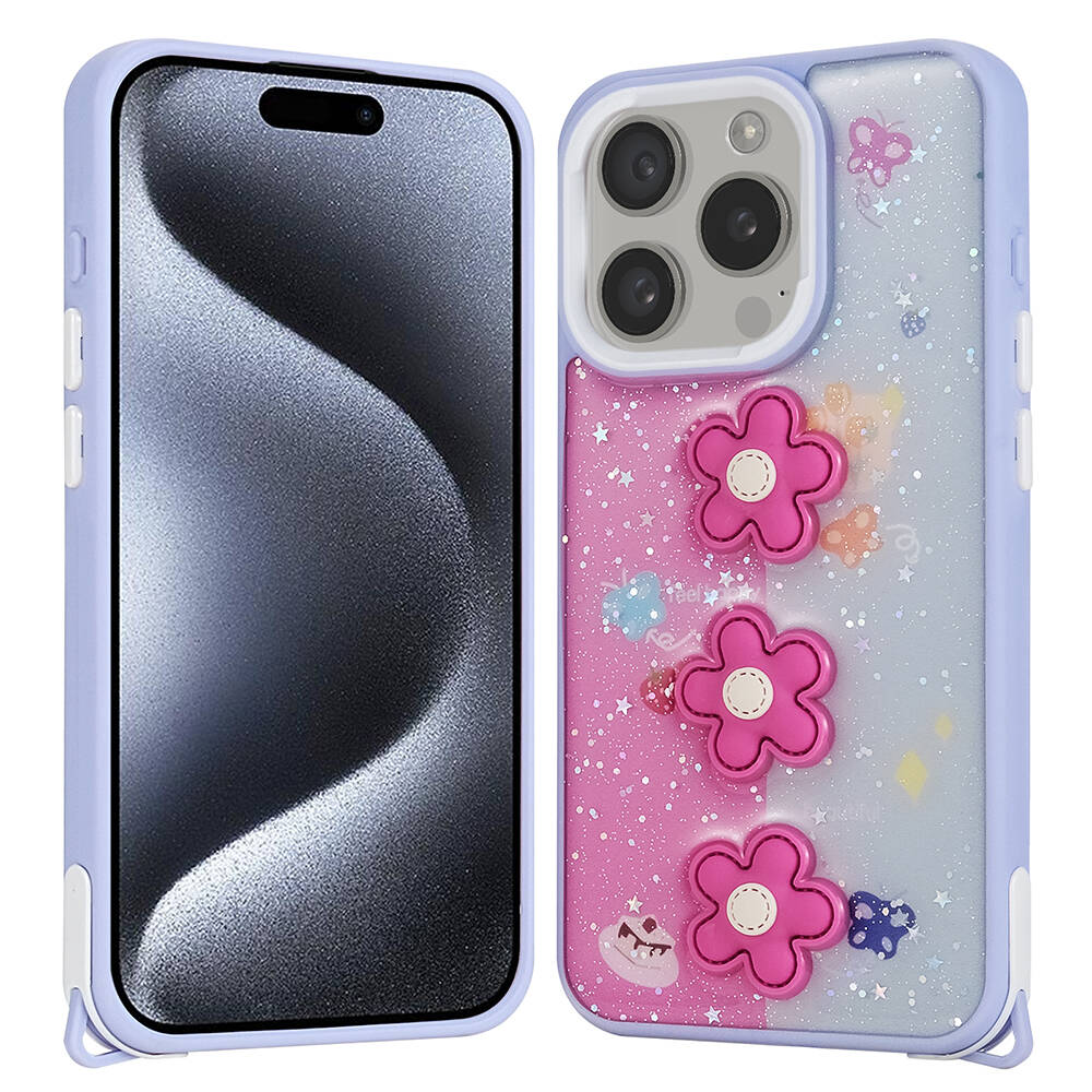 Apple iPhone 15 Pro Kılıf Parlayan Simli Kabartma Figürlü  Cevze Kapak