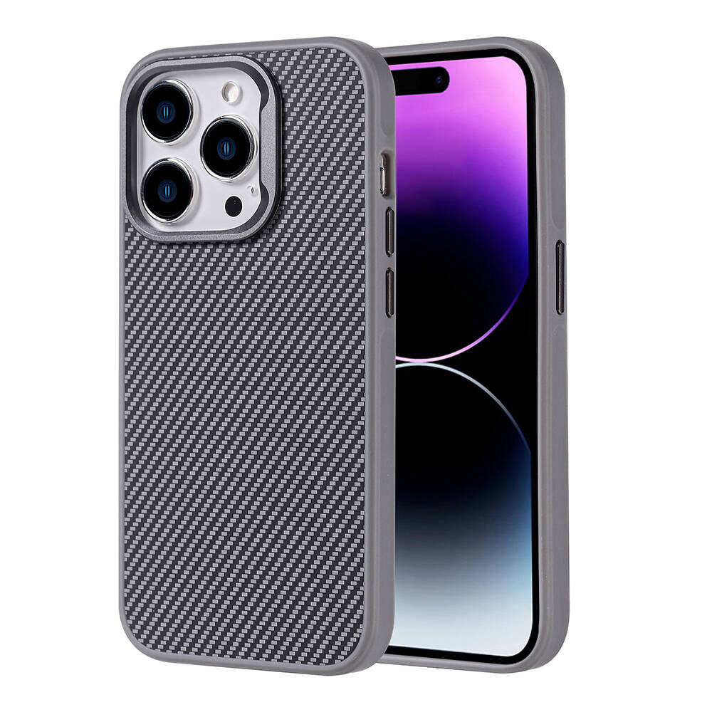 Apple iPhone 15 Pro Kılıf M-safe Şarj Özellikli Karbon Fiber Görünümlü Troy Kapak
