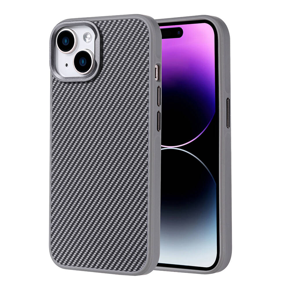Apple iPhone 15 Kılıf M-safe Şarj Özellikli Karbon Fiber Görünümlü Troy Kapak
